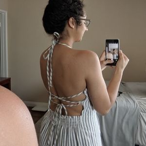 Olivaceous Grey and White Striped Jumpsuit